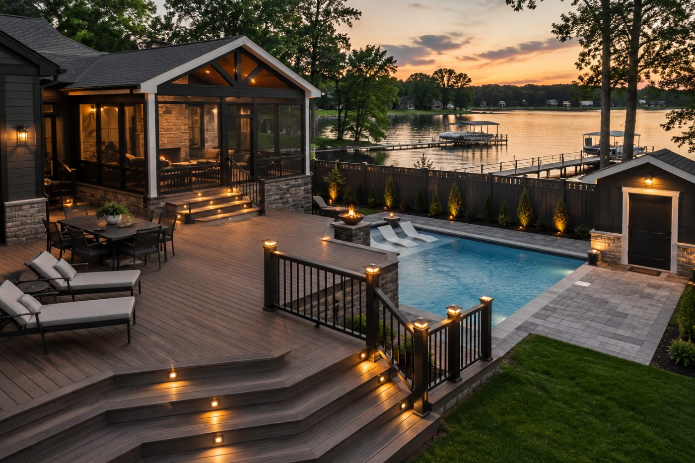 Lakeside composite deck with 3-season room, pool and dock at dusk