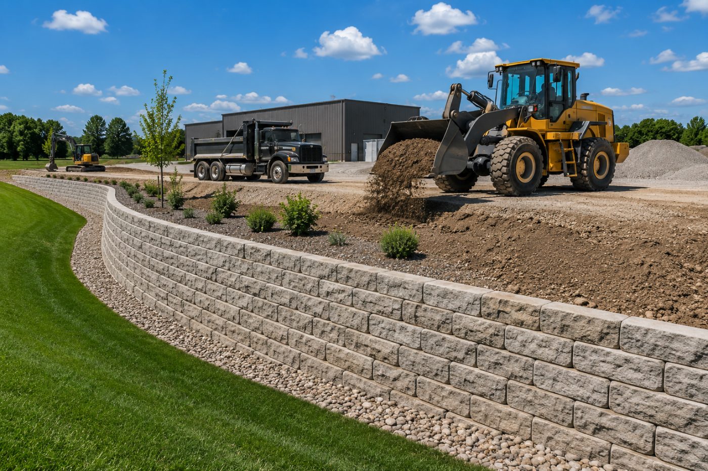 Commercial retaining wall with wheel loader and dump truck during site earthwork