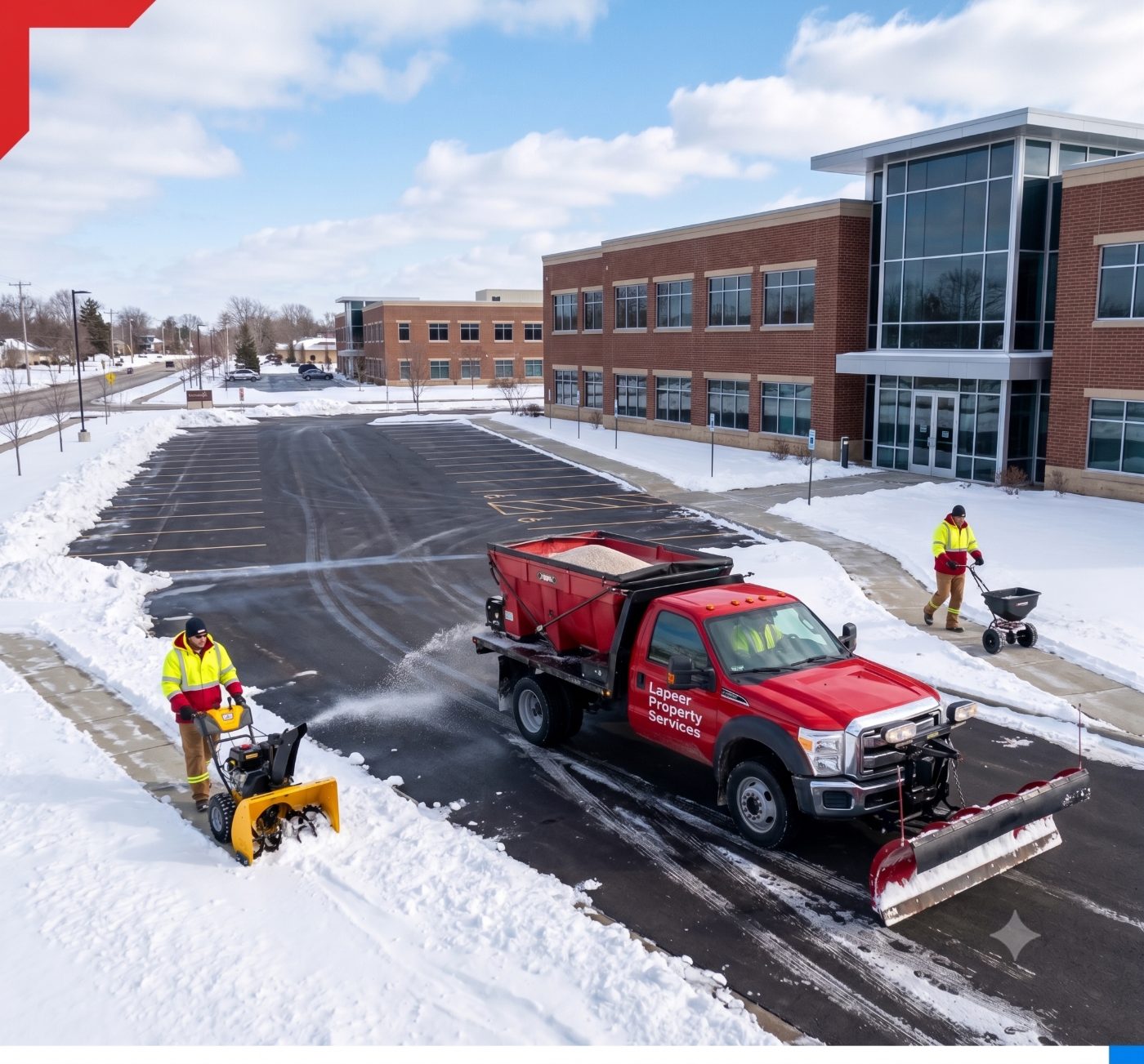 Lapeer Property Services crew plowing and salting a commercial parking lot